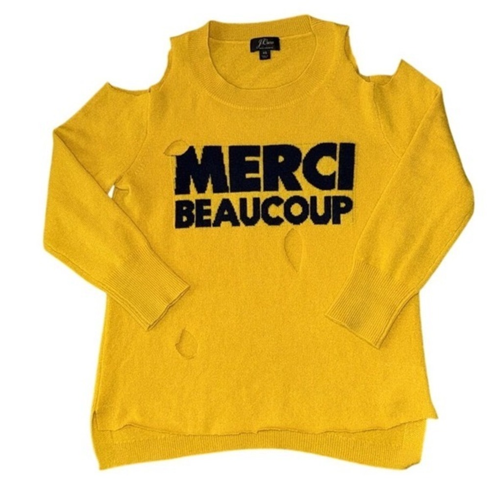 J. CREW Merci Beaucoup Yellow Cashmere Distressed Cold Shoulder Sweater | XS